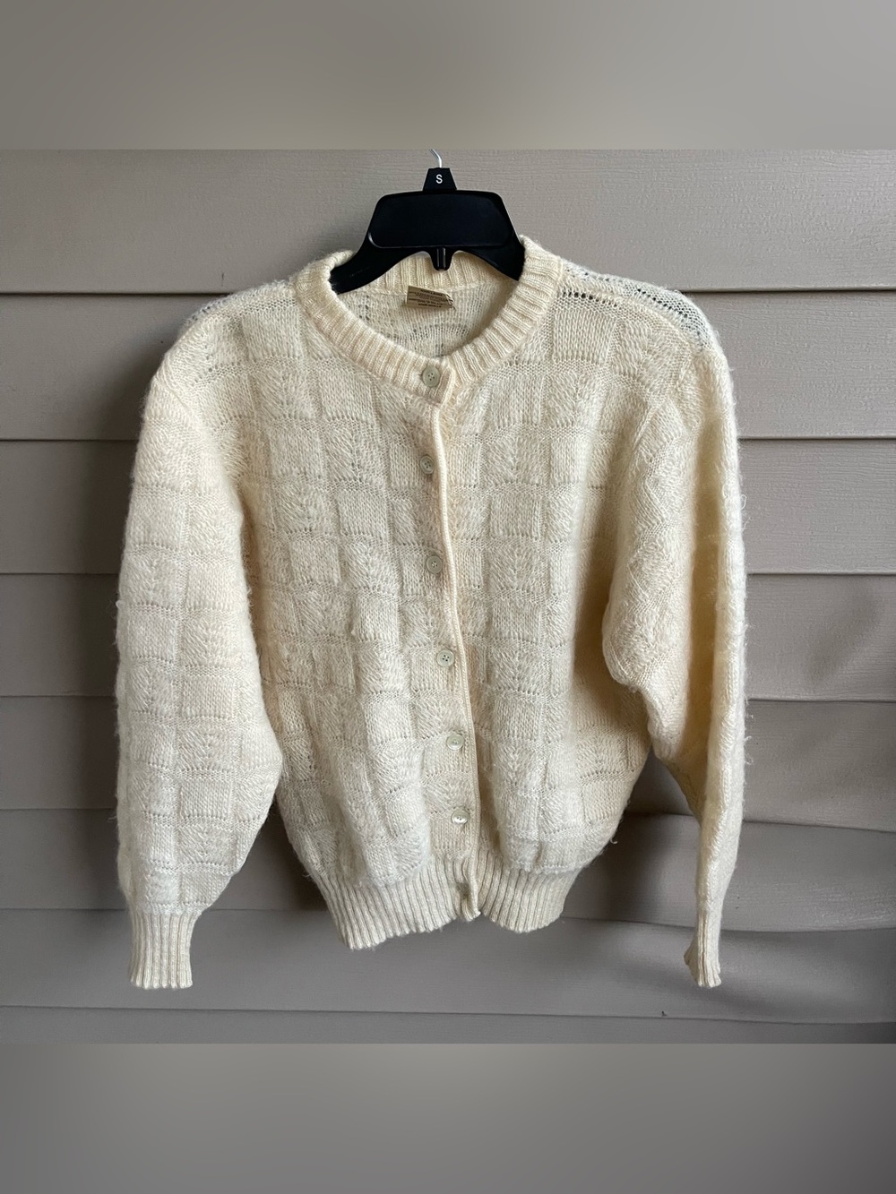 Hilda Pure Wool Textured Knit Cardigan Sweater Sz S Ivory 70s Romantic Vintage